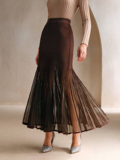 Amara | Sheer Knit Fishtail Maxi Skirt - Coffee Brown - XL