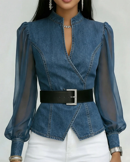 Vessa | Denim Top With Chiffon Sleeves