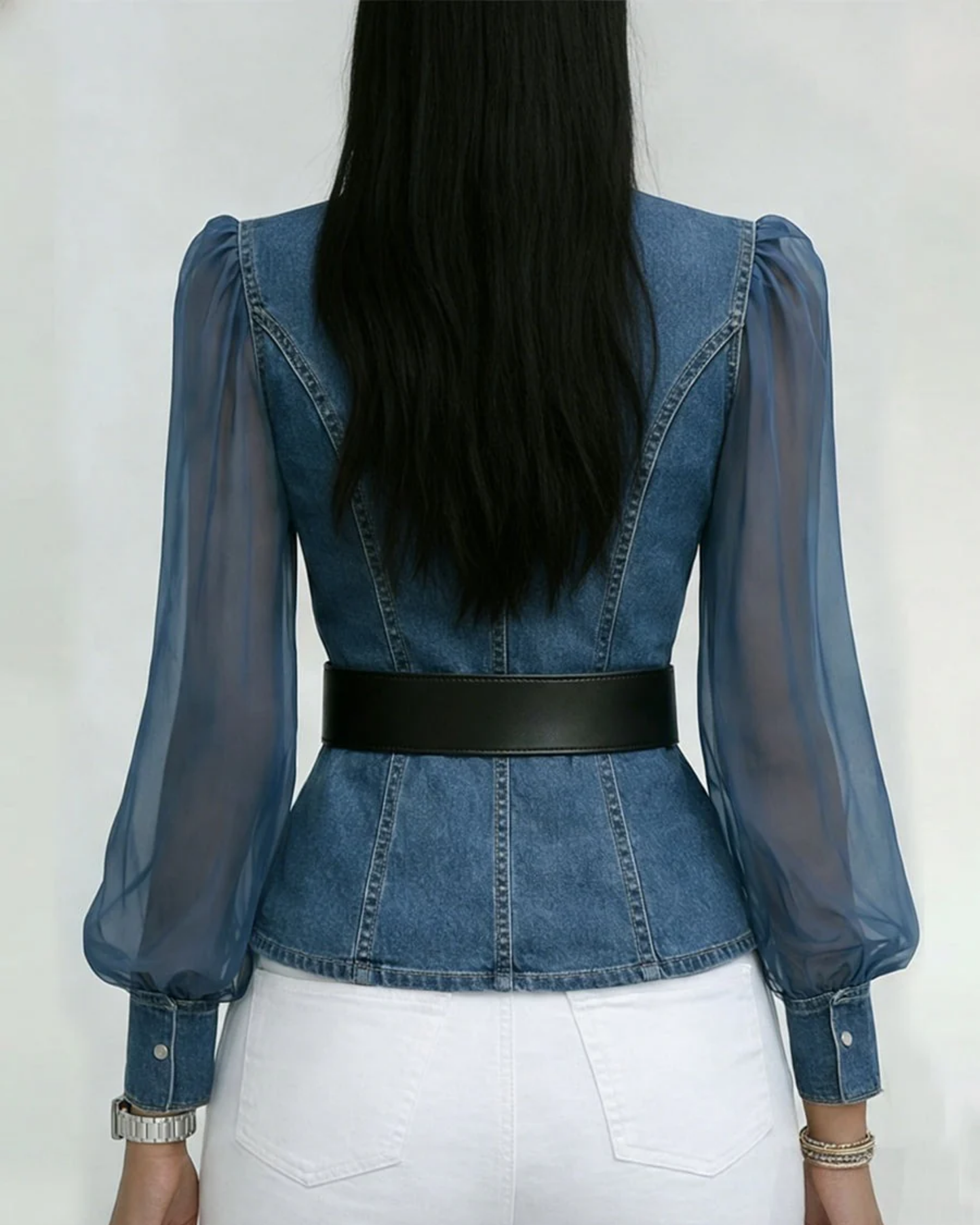 Vessa | Denim Top With Chiffon Sleeves