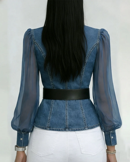 Vessa | Denim Top With Chiffon Sleeves