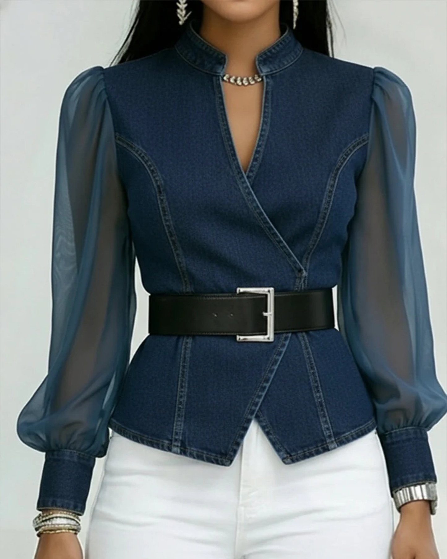 Vessa | Denim Top With Chiffon Sleeves