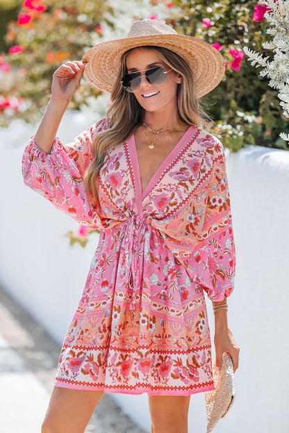 Sienna | Floral Paisley Drawstring Mini Dress - M