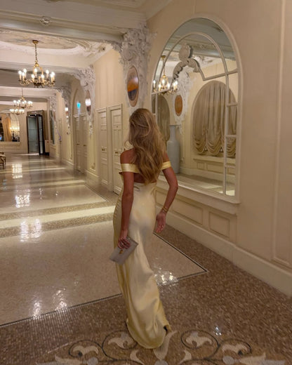 Alicia | Women's Off-Shoulder Satin Maxi Wedding Guest Dress