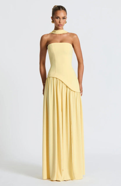 Lucinda | Women's Strapless Maxi Wedding Guest Dress with Scarf