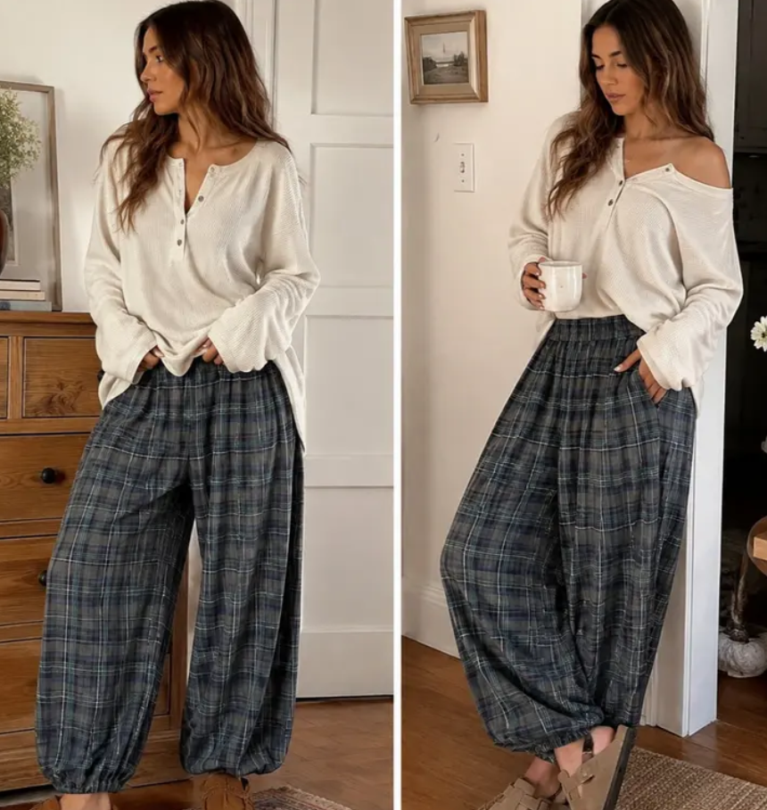 Women's Plaid Pull-On Balloon Pants, Cotton Twill Pants