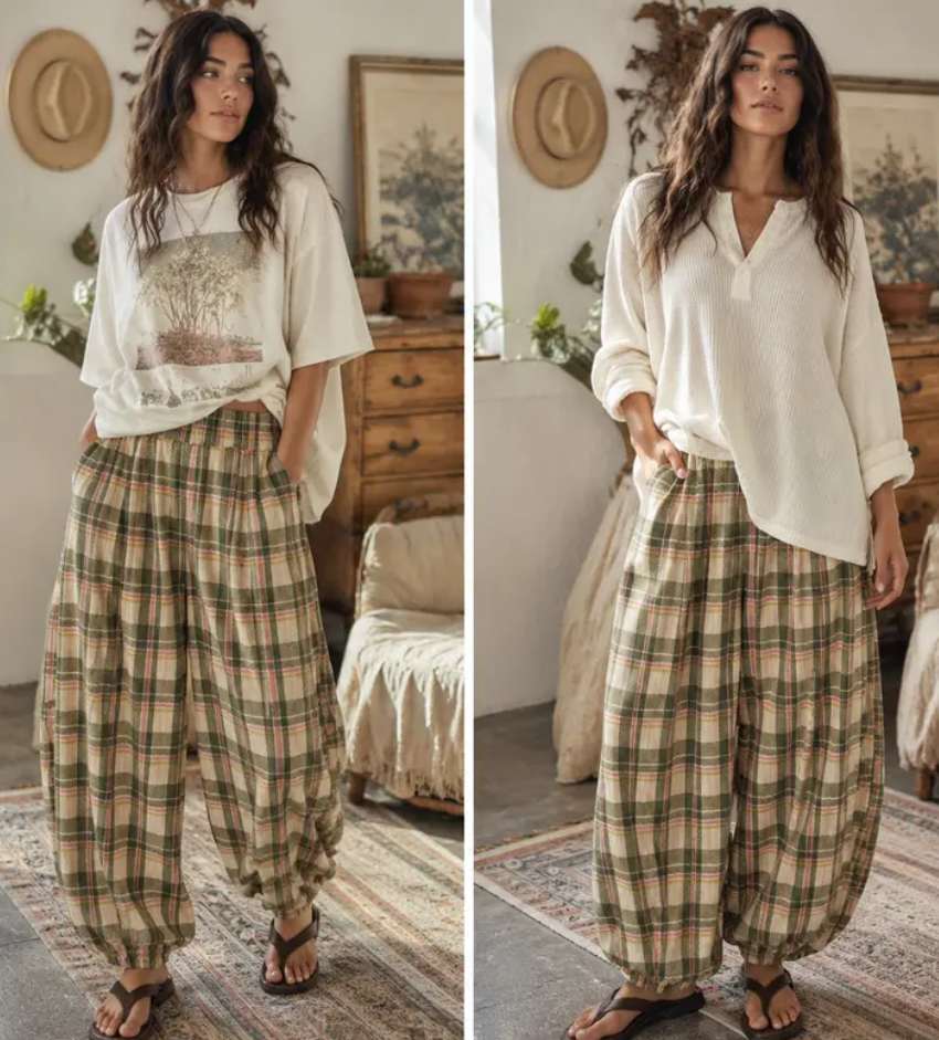 Women's Plaid Pull-On Balloon Pants, Cotton Twill Pants