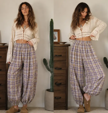 Women's Plaid Pull-On Balloon Pants, Cotton Twill Pants