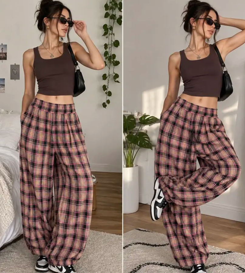 Women's Plaid Pull-On Balloon Pants, Cotton Twill Pants