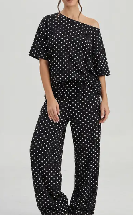Katch Me Chic Women's Vibrant Polka Dot Sloping Shoulder Top & Wide Leg Trousers Co-ord, Breathable Loose   Short Sleeve   2-Piece Set for Spring & Summer, Stretch Pill-Resistant Soft Daily Outfit #TikTokMadeMeBuyIt #SummerEssentials #MatchingOutfit
