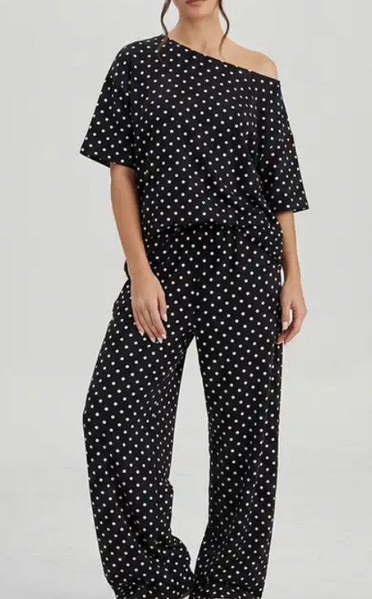 Katch Me Chic Women's Vibrant Polka Dot Sloping Shoulder Top & Wide Leg Trousers Co-ord, Breathable Loose   Short Sleeve   2-Piece Set for Spring & Summer, Stretch Pill-Resistant Soft Daily Outfit #TikTokMadeMeBuyIt #SummerEssentials #MatchingOutfit