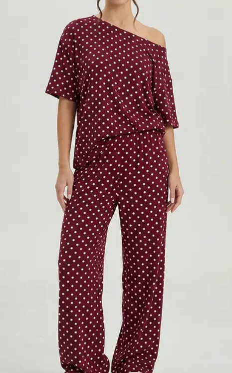 Katch Me Chic Women's Vibrant Polka Dot Sloping Shoulder Top & Wide Leg Trousers Co-ord, Breathable Loose   Short Sleeve   2-Piece Set for Spring & Summer, Stretch Pill-Resistant Soft Daily Outfit #TikTokMadeMeBuyIt #SummerEssentials #MatchingOutfit