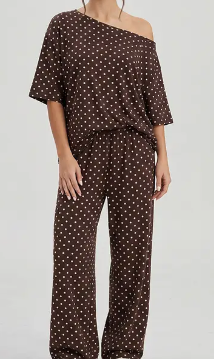 Katch Me Chic Women's Vibrant Polka Dot Sloping Shoulder Top & Wide Leg Trousers Co-ord, Breathable Loose   Short Sleeve   2-Piece Set for Spring & Summer, Stretch Pill-Resistant Soft Daily Outfit #TikTokMadeMeBuyIt #SummerEssentials #MatchingOutfit