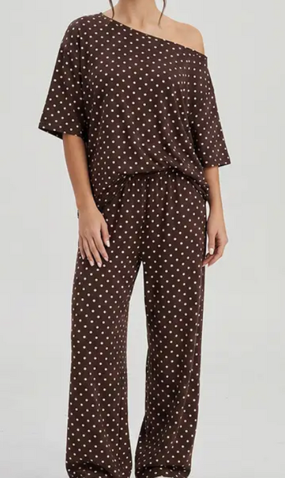 Katch Me Chic Women's Vibrant Polka Dot Sloping Shoulder Top & Wide Leg Trousers Co-ord, Breathable Loose   Short Sleeve   2-Piece Set for Spring & Summer, Stretch Pill-Resistant Soft Daily Outfit #TikTokMadeMeBuyIt #SummerEssentials #MatchingOutfit
