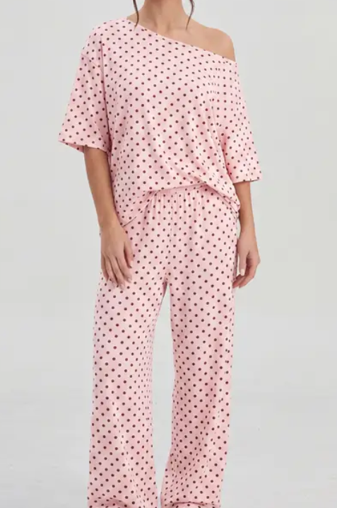 Katch Me Chic Women's Vibrant Polka Dot Sloping Shoulder Top & Wide Leg Trousers Co-ord, Breathable Loose   Short Sleeve   2-Piece Set for Spring & Summer, Stretch Pill-Resistant Soft Daily Outfit #TikTokMadeMeBuyIt #SummerEssentials #MatchingOutfit