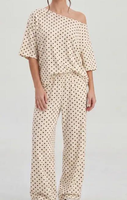Katch Me Chic Women's Vibrant Polka Dot Sloping Shoulder Top & Wide Leg Trousers Co-ord, Breathable Loose   Short Sleeve   2-Piece Set for Spring & Summer, Stretch Pill-Resistant Soft Daily Outfit #TikTokMadeMeBuyIt #SummerEssentials #MatchingOutfit
