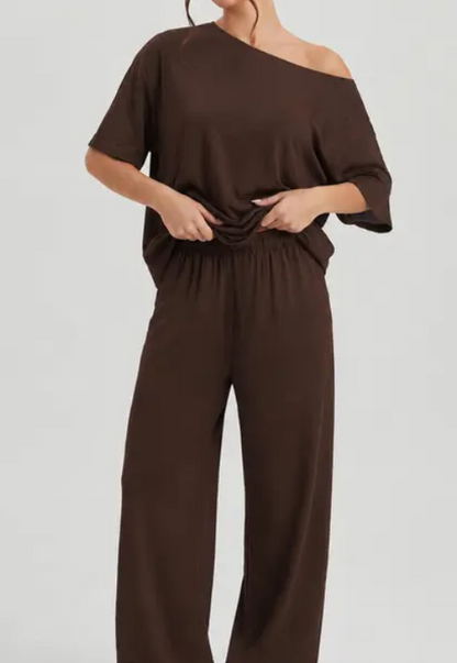 Katch Me Chic Women's Vibrant Polka Dot Sloping Shoulder Top & Wide Leg Trousers Co-ord, Breathable Loose   Short Sleeve   2-Piece Set for Spring & Summer, Stretch Pill-Resistant Soft Daily Outfit #TikTokMadeMeBuyIt #SummerEssentials #MatchingOutfit