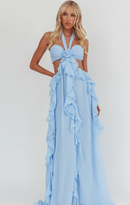Santiago Cut-Out Ruffle Maxi Dress White