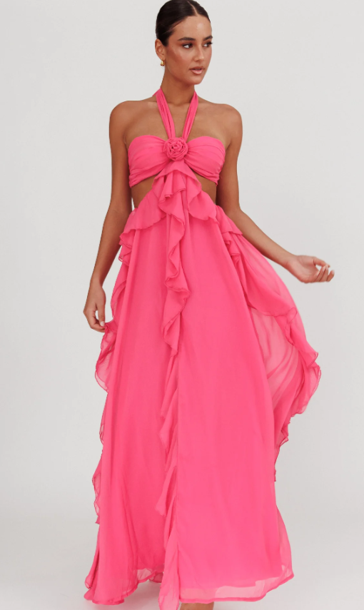Santiago Cut-Out Ruffle Maxi Dress White