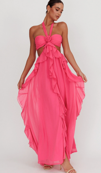Santiago Cut-Out Ruffle Maxi Dress White