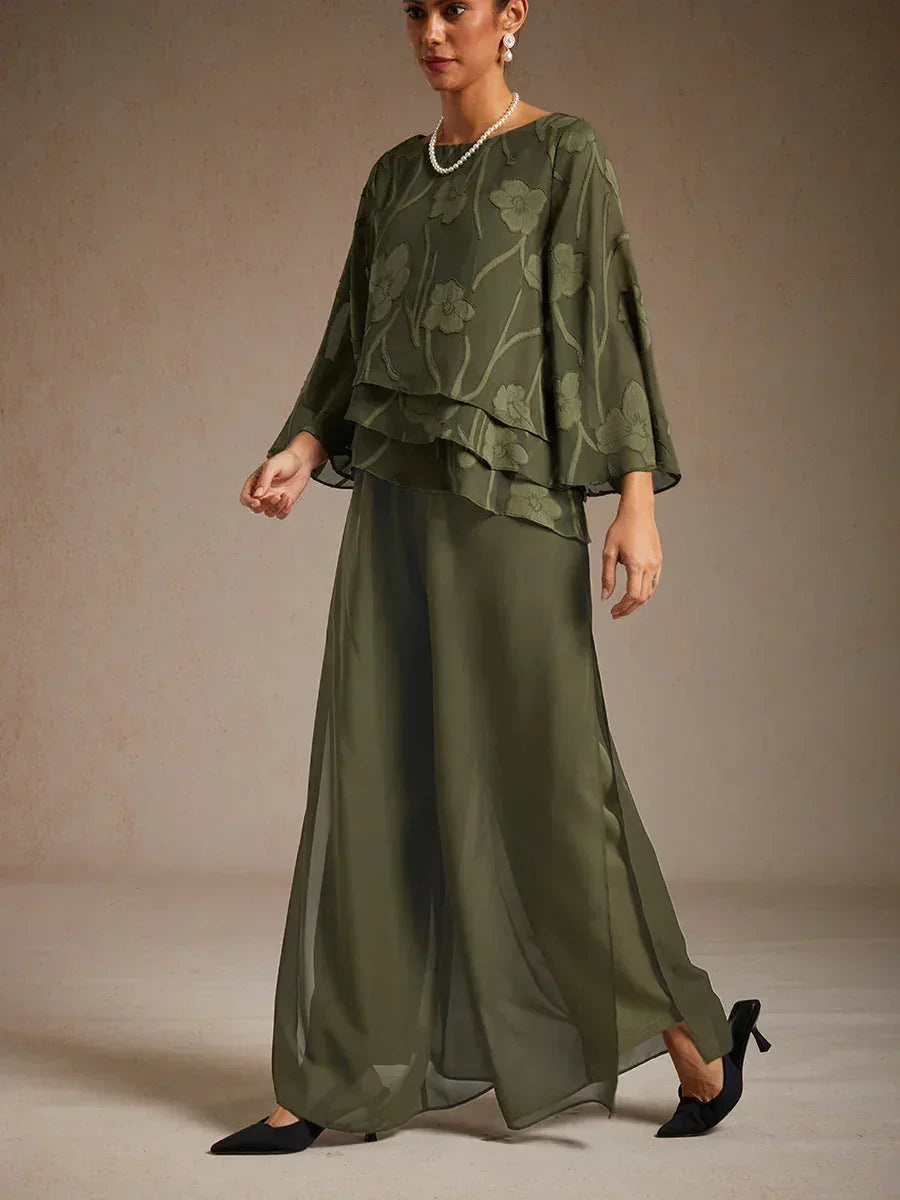 Straight Leg Pant With Chiffon Split Leg Overlay