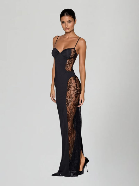 Velyxra Spaghetti Lace Maxi Dress In Black