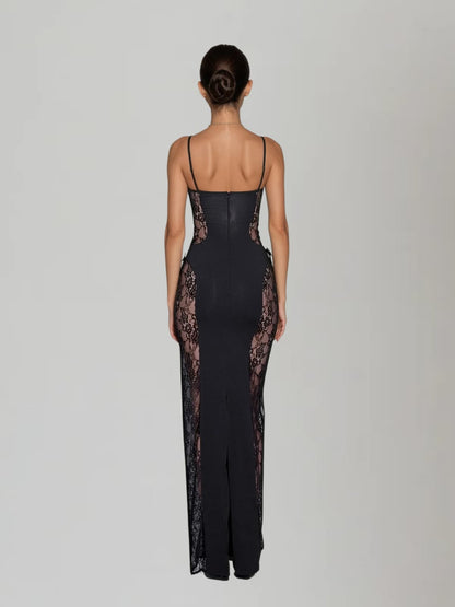 Velyxra Spaghetti Lace Maxi Dress In Black