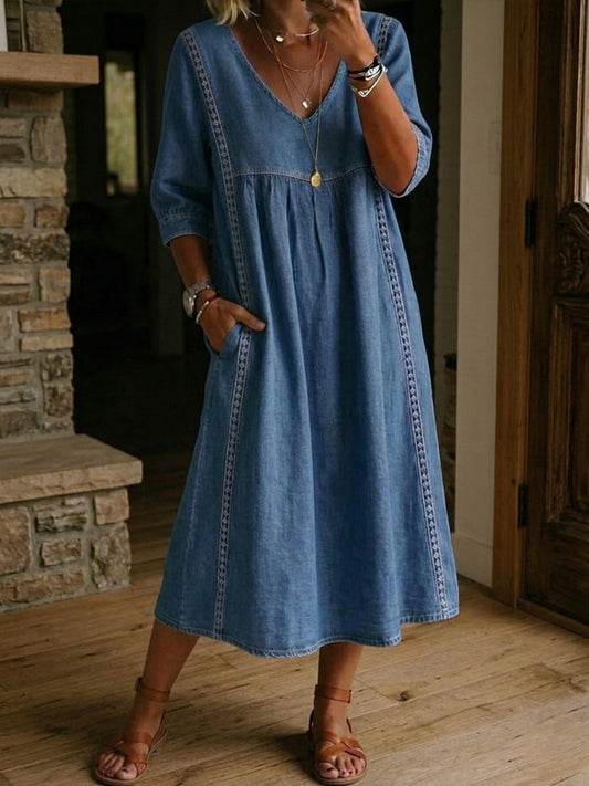 Marielle | Elegant Lace Trim Denim Dress