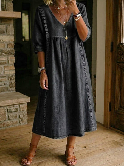 Marielle | Elegant Lace Trim Denim Dress