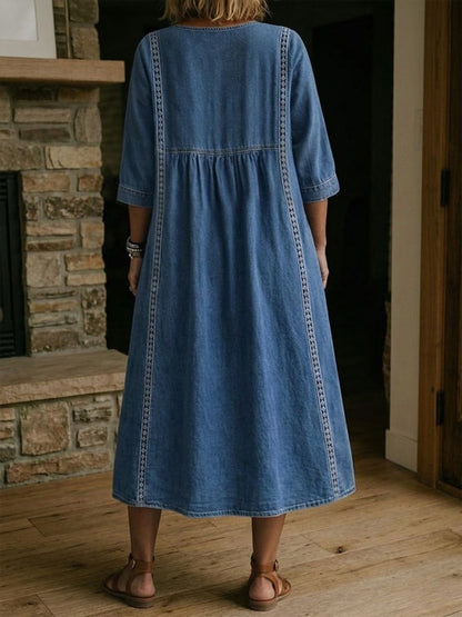 Marielle | Elegant Lace Trim Denim Dress