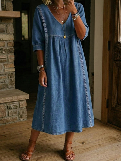 Marielle | Elegant Lace Trim Denim Dress