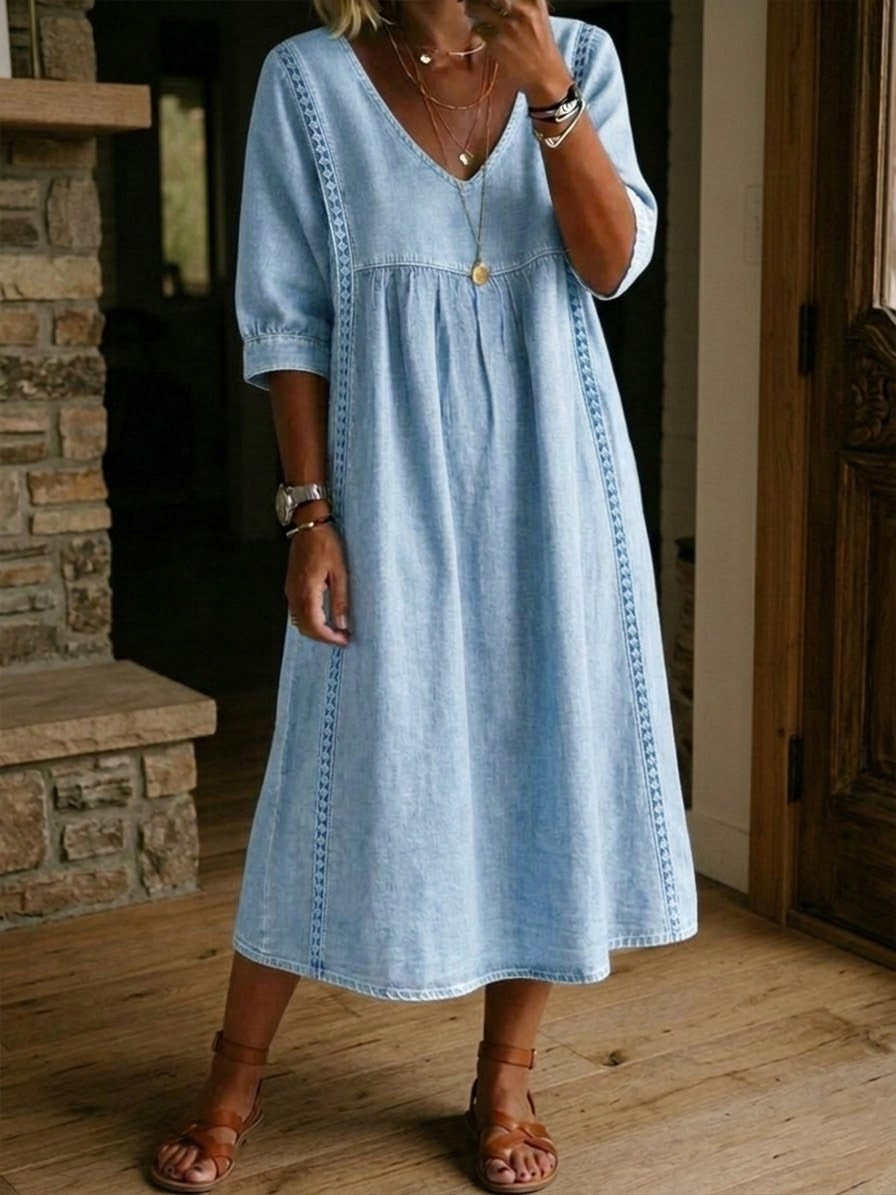 Marielle | Elegant Lace Trim Denim Dress